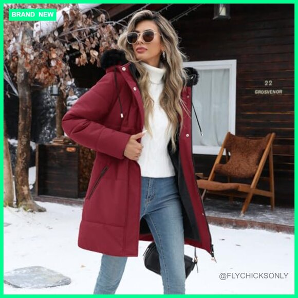 Women's Winter Puffer Coat Fleece Lined Parka Jacket with Detachable Hood - Picture 2 of 7